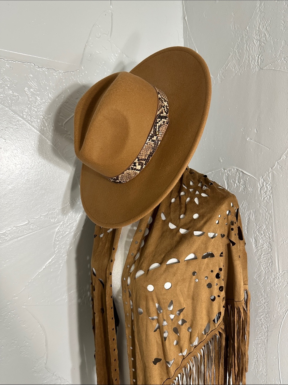 Vici Camel Wide-Brim Felt Fedora with Snake-Print Band